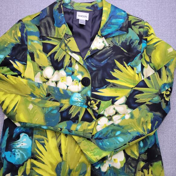 Chico's Blazer Colorful Structure Size 1 Medium Floral Print Green Blue Pockets - Picture 1 of 9